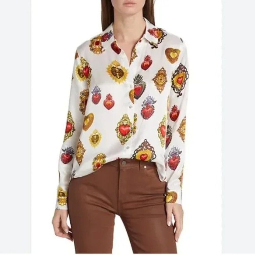 COPY - NWT L'AGENCE Tyler Silk Blouse White Multi Large Jewel, Size S